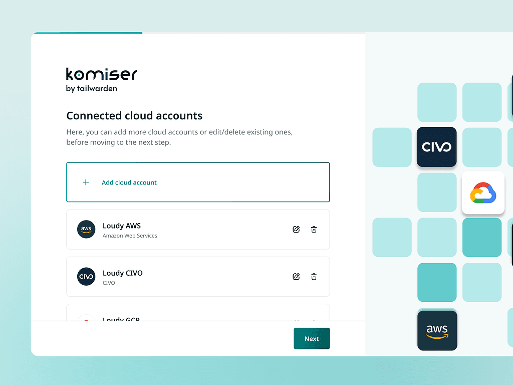 Komiser Onboarding Dashboard, showcasing UI elements mastery and infrastructure complexity.